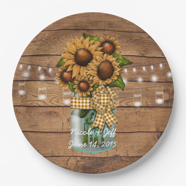 Country Rustic Mason Jar with Sunflower Paper Plates (Front)