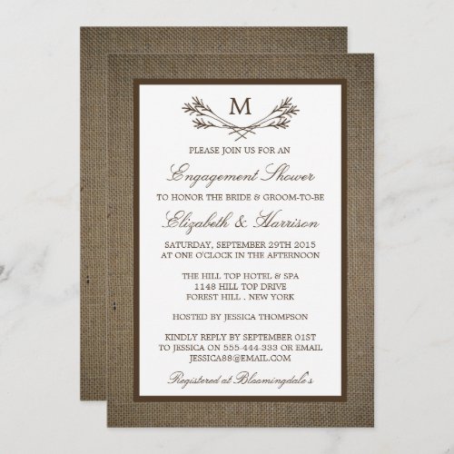 Country Rustic Monogram Branch Burlap Engagement Invitation