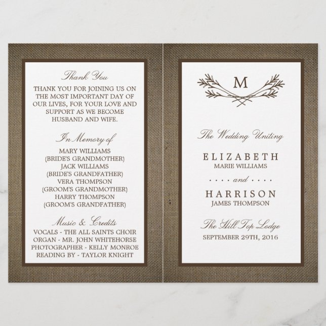 Country Rustic Monogram Branch & Burlap Wedding (Front)
