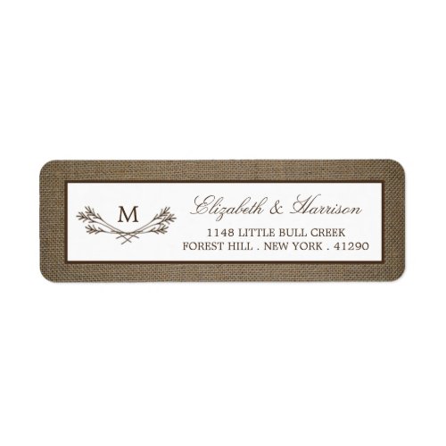 Country Rustic Monogram Branch  Burlap Wedding Label