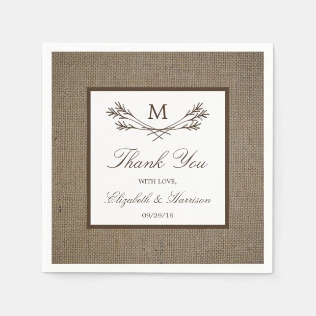 Country Rustic Monogram Branch & Burlap Wedding Napkins (Front)