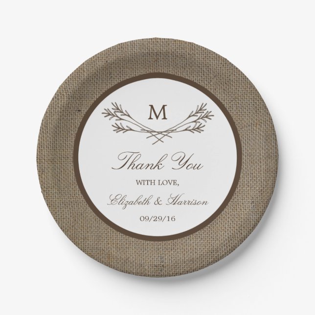 Country Rustic Monogram Branch & Burlap Wedding Paper Plates (Front)