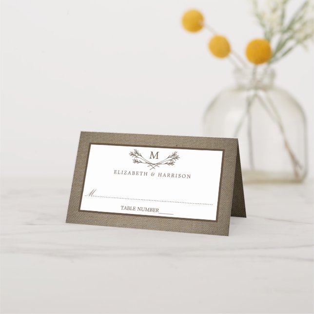 Country Rustic Monogram Branch & Burlap Wedding Place Card (Front)
