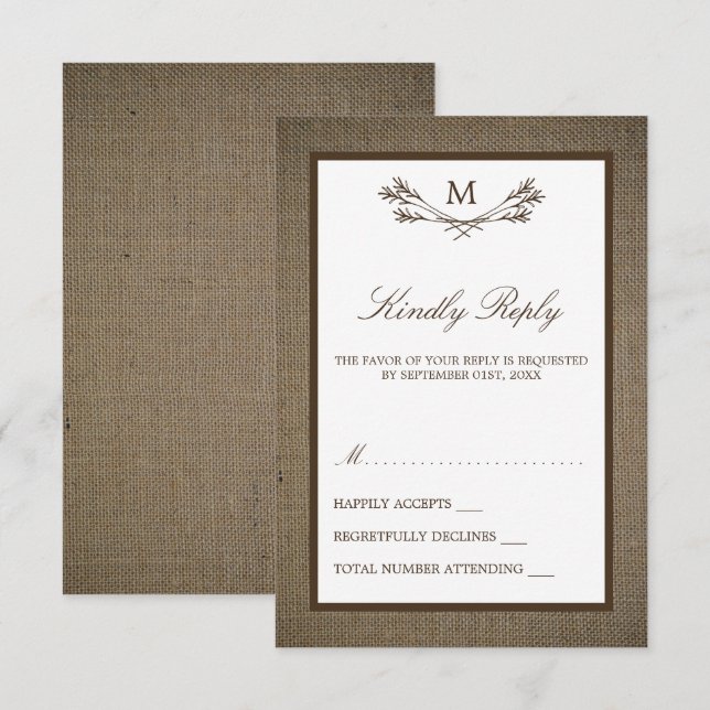 Country Rustic Monogram Branch & Burlap Wedding RSVP Card (Front/Back)