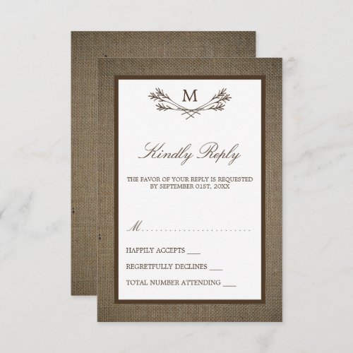 Country Rustic Monogram Branch  Burlap Wedding RSVP Card