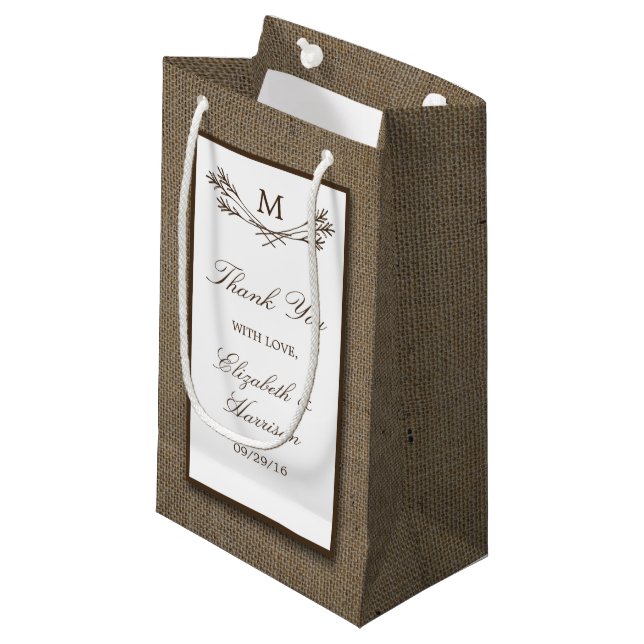 Country Rustic Monogram Branch & Burlap Wedding Small Gift Bag (Front Angled)