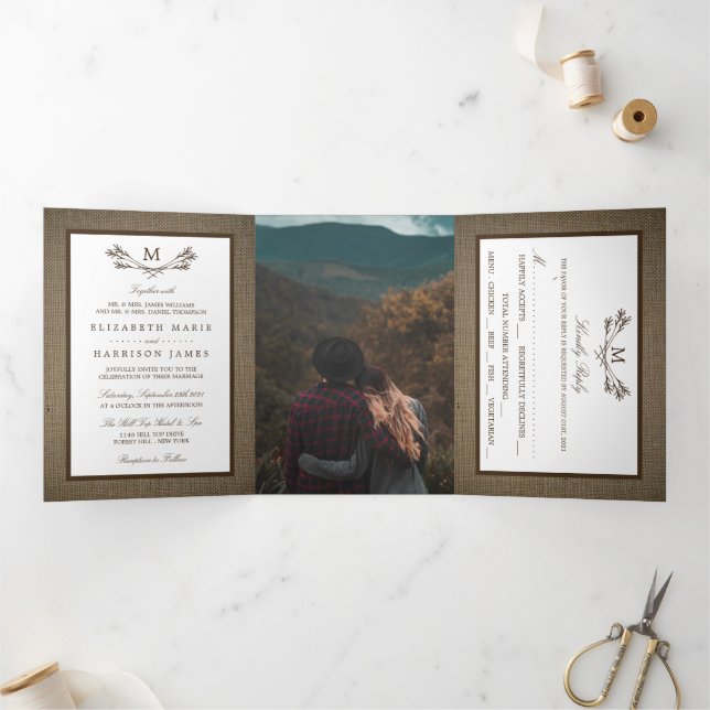 Country Rustic Monogram Branch & Burlap Wedding Tri-Fold Invitation (Inside)
