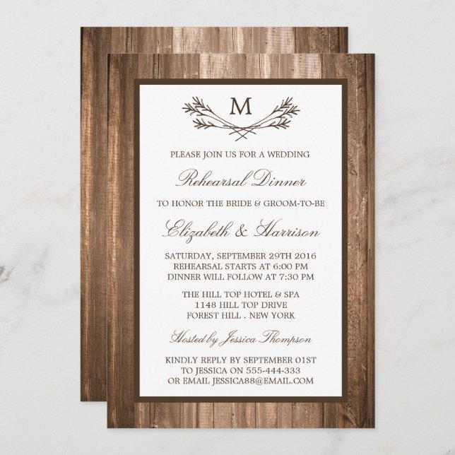 Country Rustic Monogram Branch Rehearsal Dinner Invitation (Front/Back)