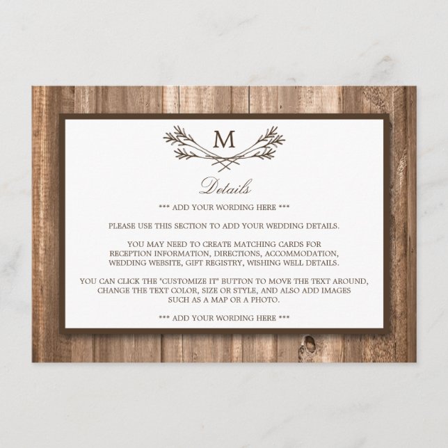 Country Rustic Monogram Branch & Wood Detail Card (Front)
