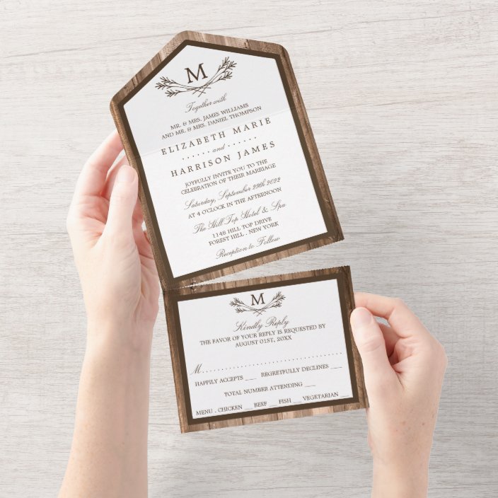 Country Rustic Monogram Branch & Wood Wedding All In One Invitation