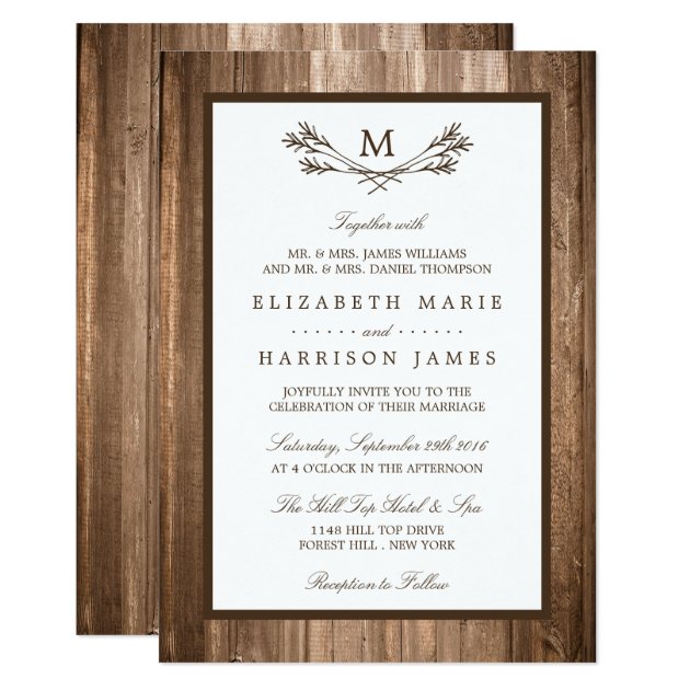 Country Rustic Monogram Branch & Wood Wedding Invitation
