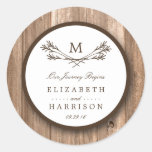 Country Rustic Monogram Branch &amp; Wood Wedding Classic Round Sticker at Zazzle