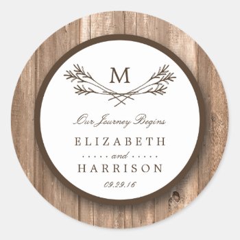 Country Rustic Monogram Branch & Wood Wedding Classic Round Sticker by WeddingStore at Zazzle