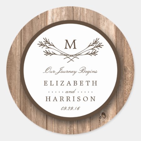 Country Rustic Monogram Branch & Wood Wedding Classic Round Sticke