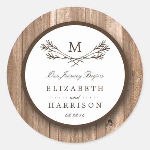 Country Rustic Monogram Branch  Wood Wedding Classic Round Sticker
