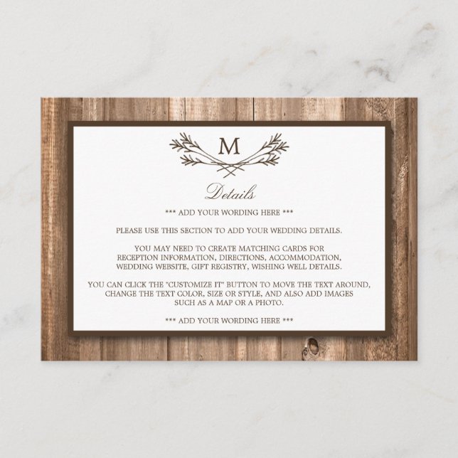 Country Rustic Monogram Branch & Wood Wedding Enclosure Card (Front)
