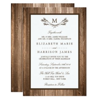 Country Rustic Monogram Branch & Wood Wedding Invitation