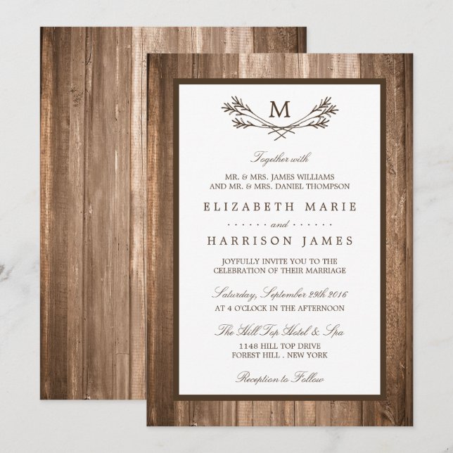 Country Rustic Monogram Branch & Wood Wedding Invitation (Front/Back)