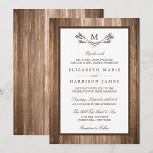 Country Rustic Monogram Branch & Wood Wedding Invitation
