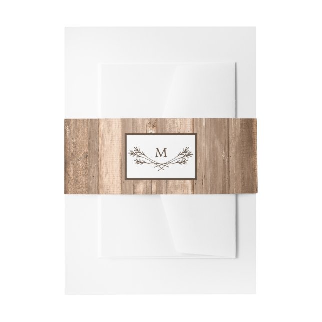 Country Rustic Monogram Branch & Wood Wedding Invitation Belly Band (Front Example)