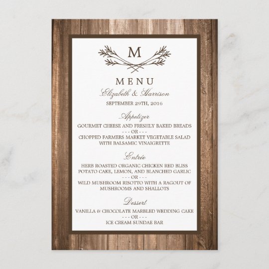 Country Rustic Monogram Branch Wood Wedding Menu Zazzle Com