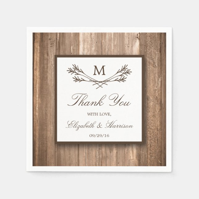 Country Rustic Monogram Branch & Wood Wedding Paper Napkins (Front)