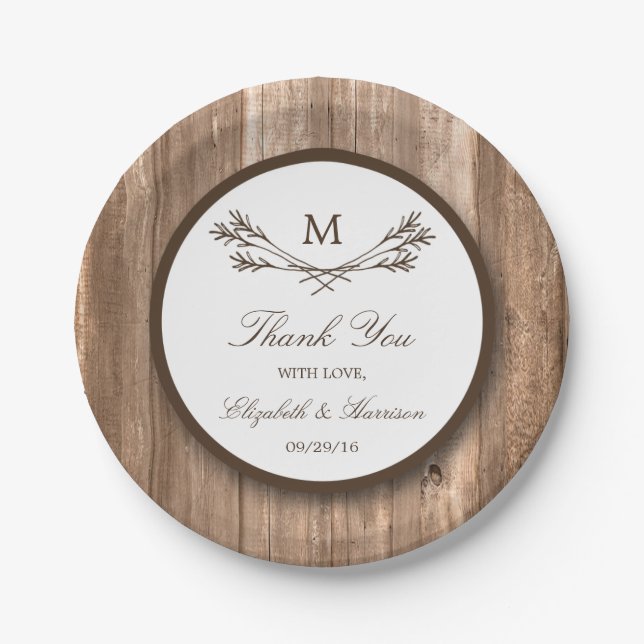 Country Rustic Monogram Branch & Wood Wedding Paper Plates (Front)