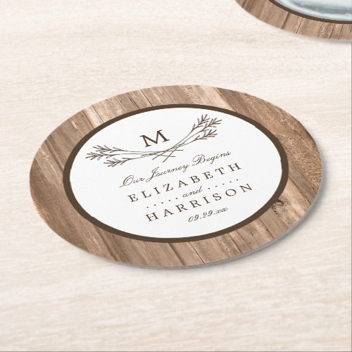 Country Rustic Monogram Branch  Wood Wedding Round Paper Coaster