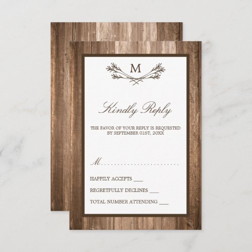 Country Rustic Monogram Branch  Wood Wedding RSVP Card