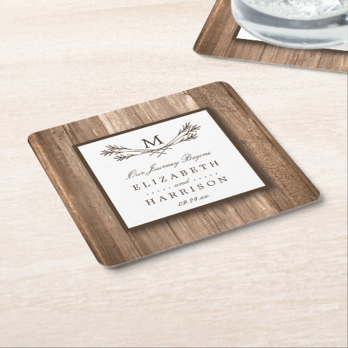 Country Rustic Monogram Branch  Wood Wedding Square Paper Coaster