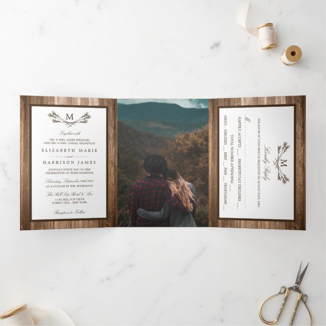 Country Rustic Monogram Branch & Wood Wedding Tri-Fold Invitation