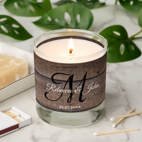 Country Rustic Monogram Script Name Date  Scented Candle