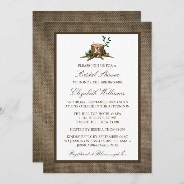 Country Rustic Monogram Tree Burlap Bridal Shower Invitation (Front/Back)