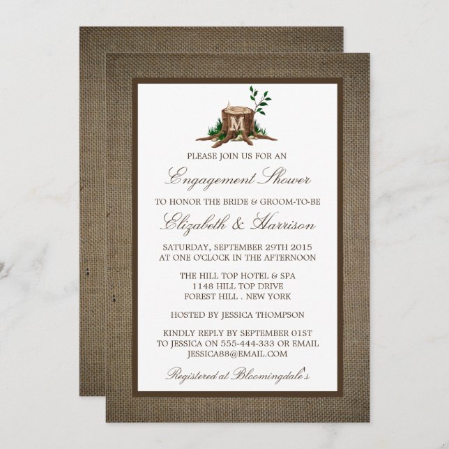 Country Rustic Monogram Tree Burlap Engagement Invitation (Front/Back)