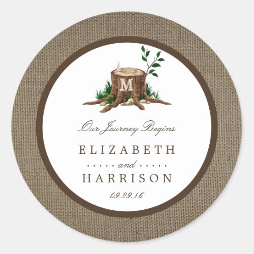 Country Rustic Monogram Tree  Burlap Wedding Classic Round Sticker