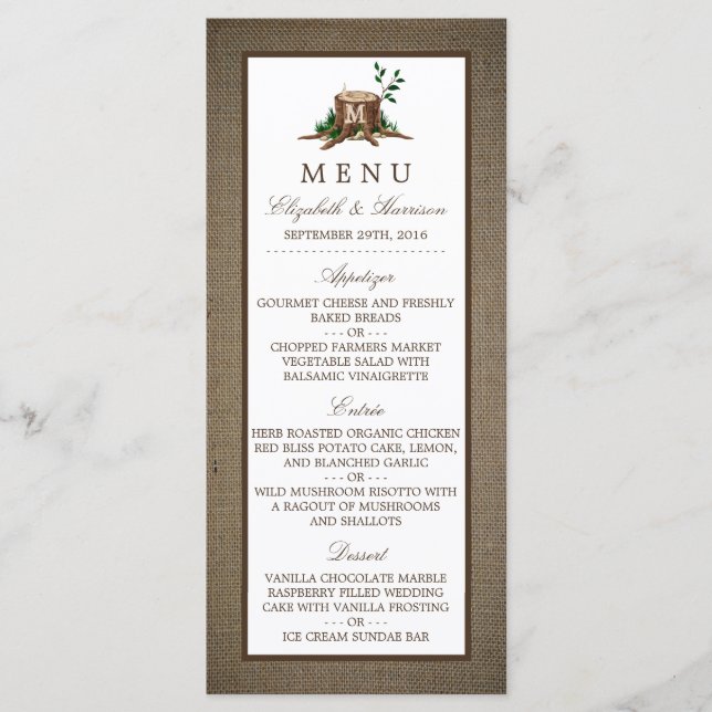 Country Rustic Monogram Tree & Burlap Wedding Menu (Front)