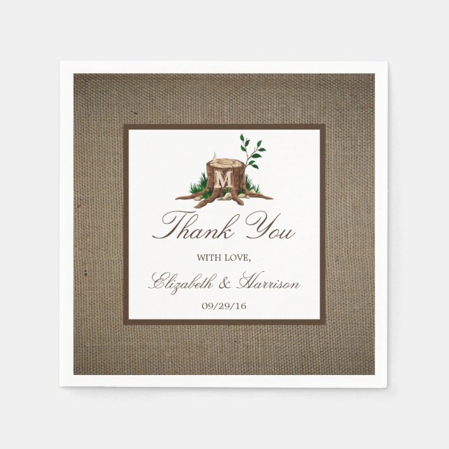 Country Rustic Monogram Tree & Burlap Wedding Napkins (Front)