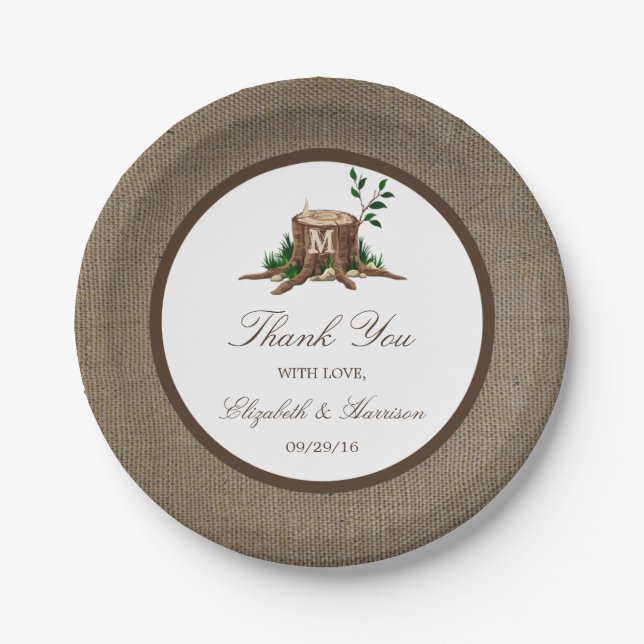 Country Rustic Monogram Tree & Burlap Wedding Paper Plates (Front)
