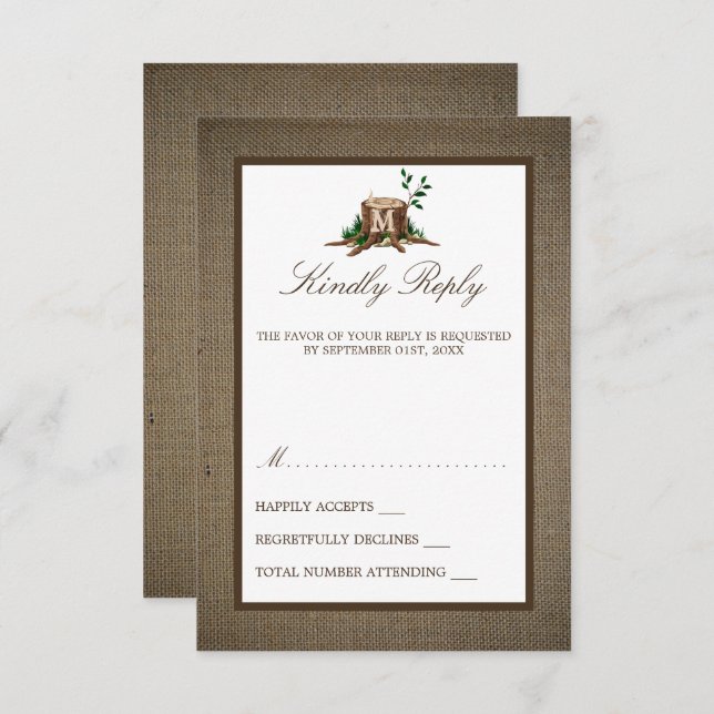 Country Rustic Monogram Tree & Burlap Wedding RSVP Card (Front/Back)