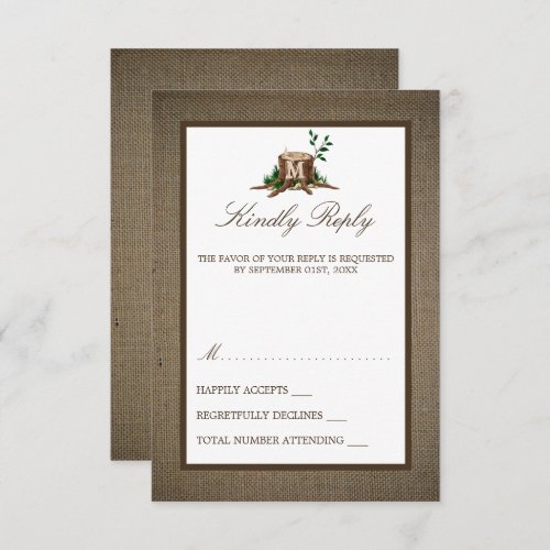 Country Rustic Monogram Tree  Burlap Wedding RSVP Card