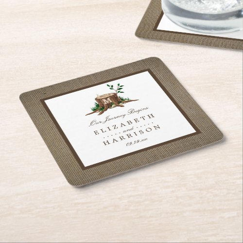 Country Rustic Monogram Tree  Burlap Wedding Square Paper Coaster