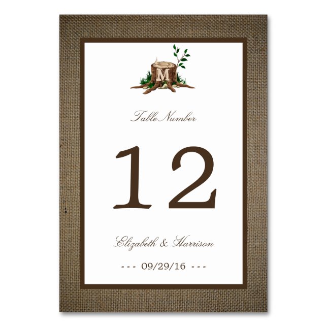 Country Rustic Monogram Tree & Burlap Wedding Table Number (Front)