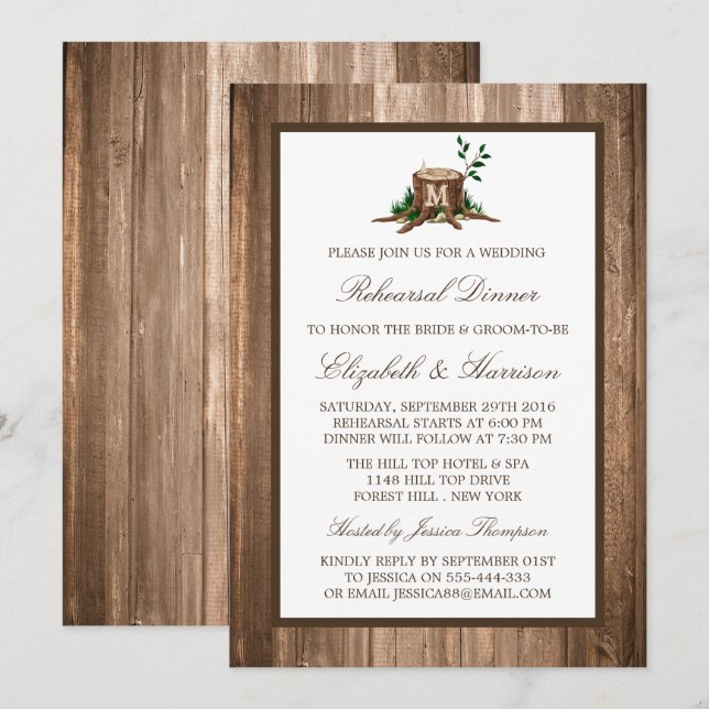 Country Rustic Monogram Tree Wood Rehearsal Dinner Invitation (Front/Back)