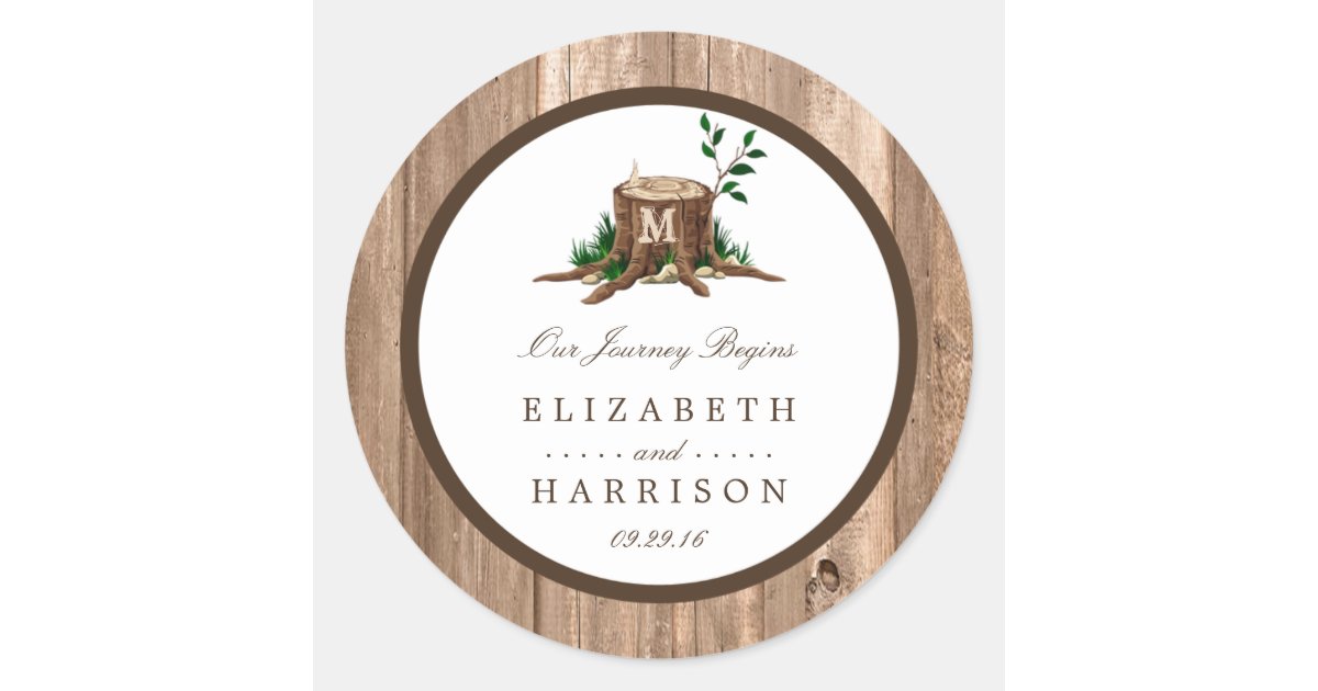 Country Rustic Monogram Tree & Wood Wedding Classic Round Sticker | Zazzle