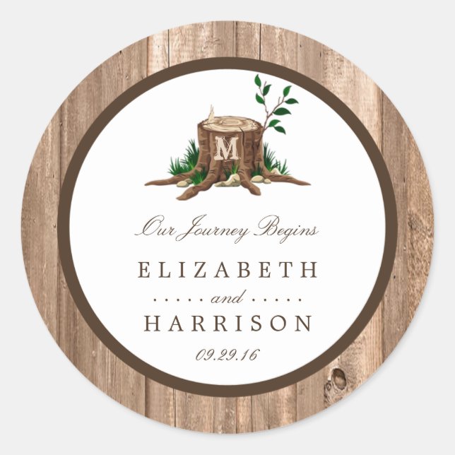 Country Rustic Monogram Tree & Wood Wedding Classic Round Sticker (Front)
