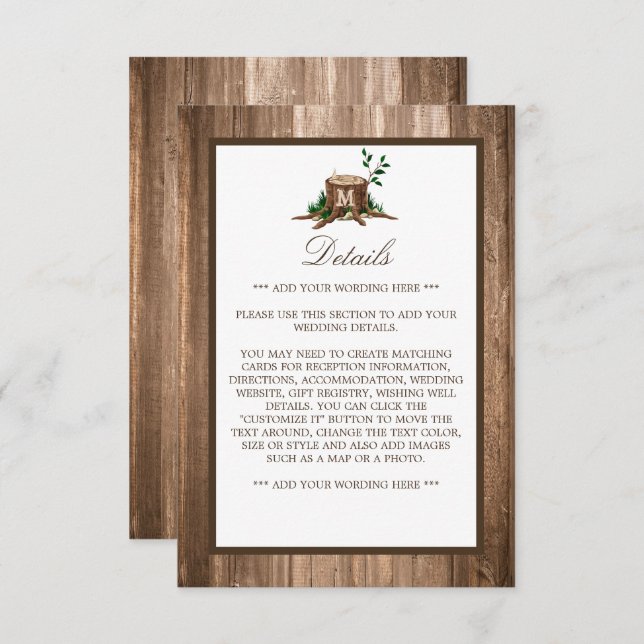 Country Rustic Monogram Tree & Wood Wedding Detail Enclosure Card (Front/Back)