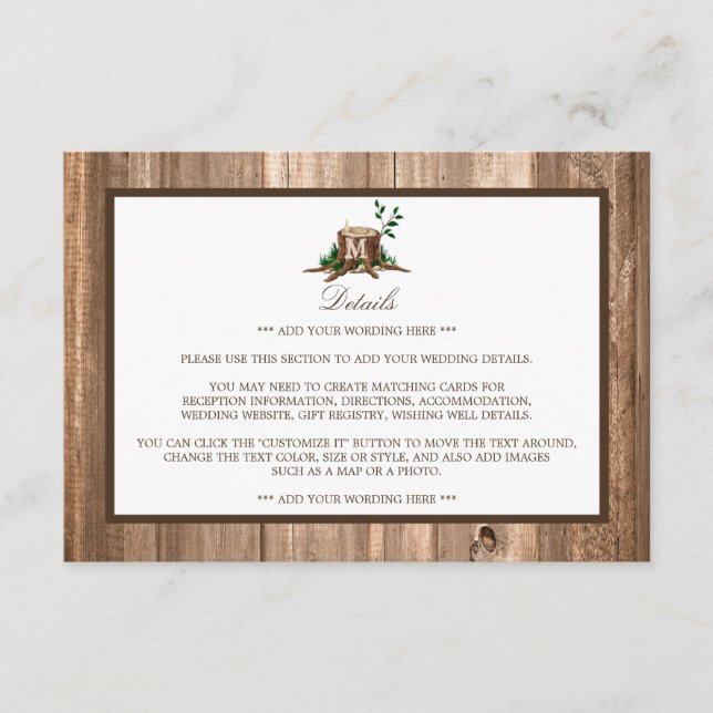 Country Rustic Monogram Tree & Wood Wedding Detail Enclosure Card (Front)