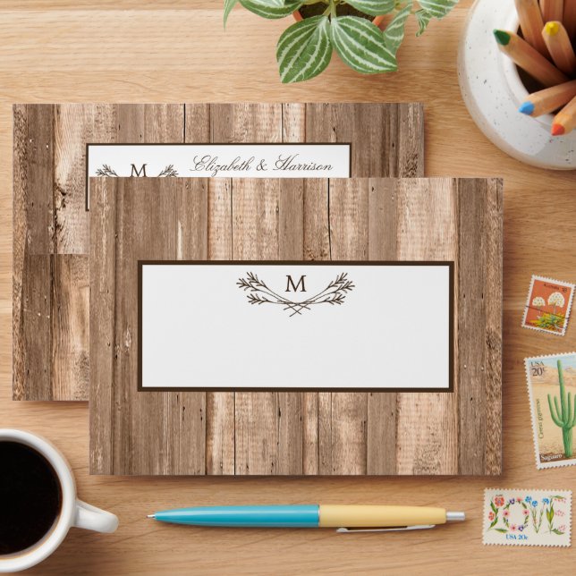 Country Rustic Monogram Tree & Wood Wedding Envelope (Desk)