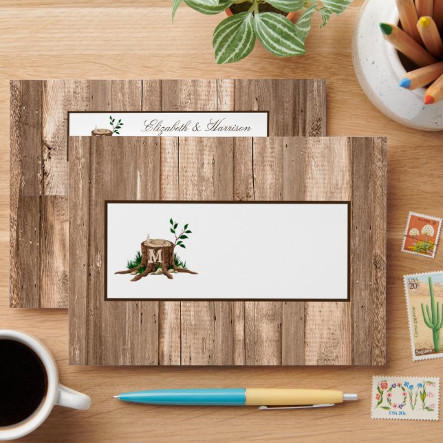 Country Rustic Monogram Tree & Wood Wedding Envelope (Desk)