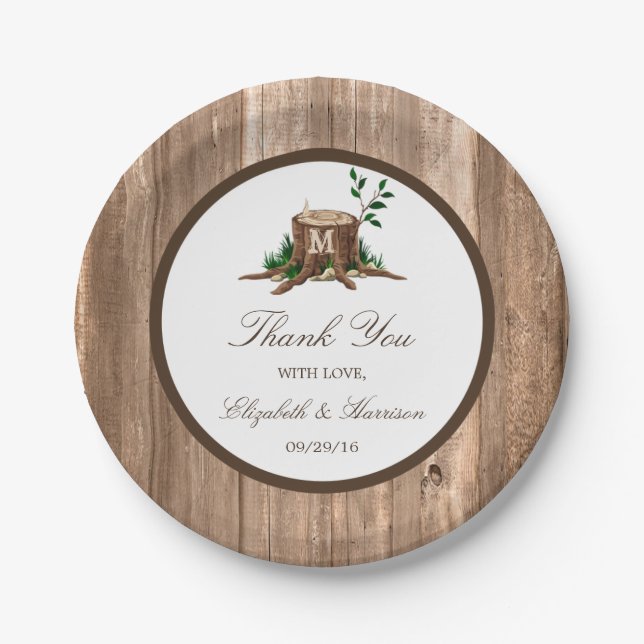 Country Rustic Monogram Tree & Wood Wedding Paper Plates (Front)